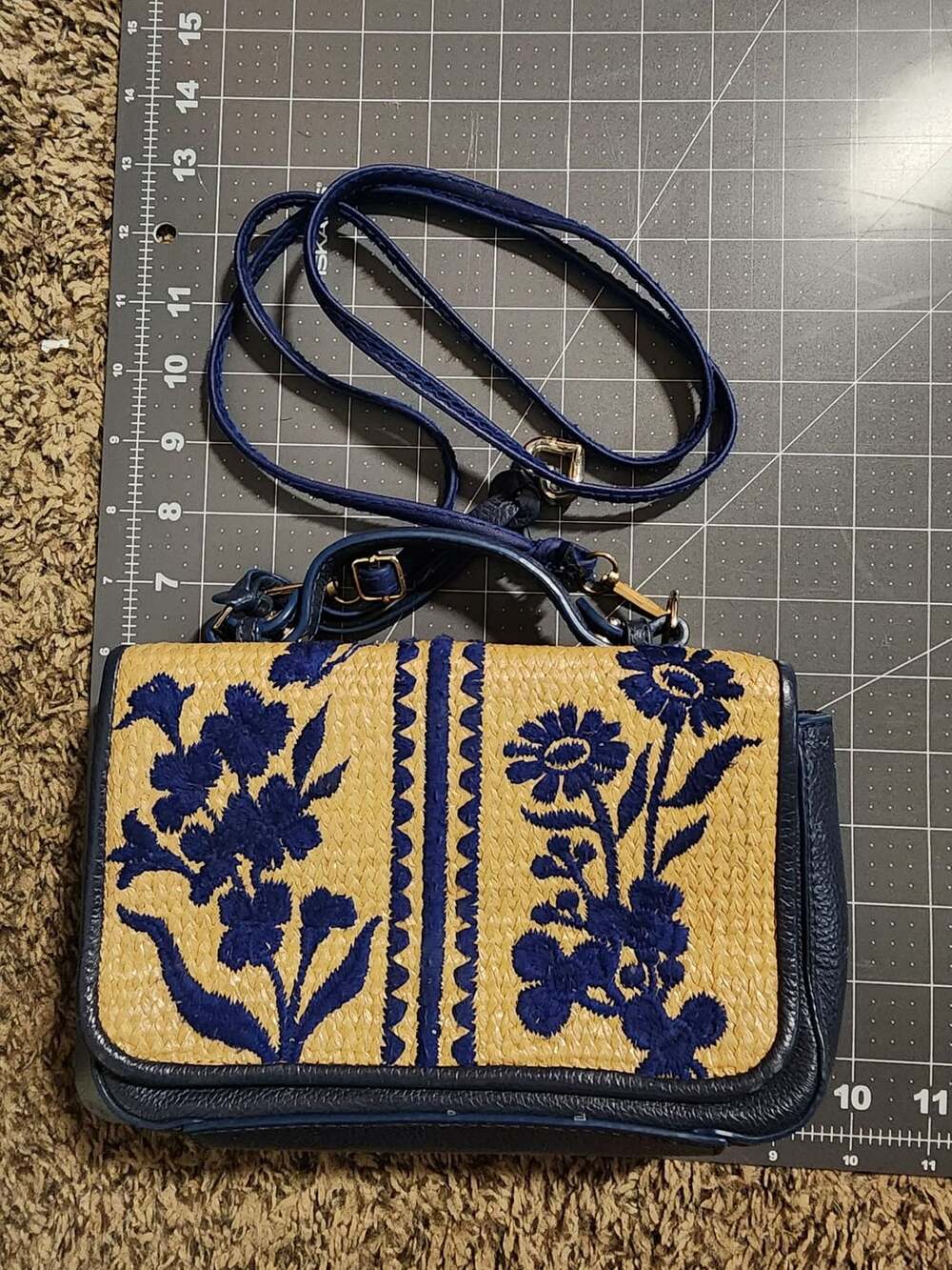 Brighton Blue Floral Straw Leather Crossbody Bag